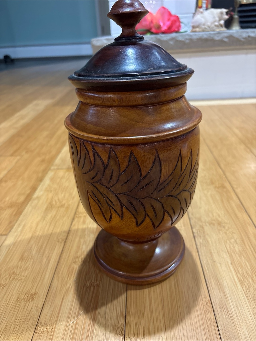 Hand-Carved Tree & Leaf Design on Wooden Vessel with Lid from Aruba